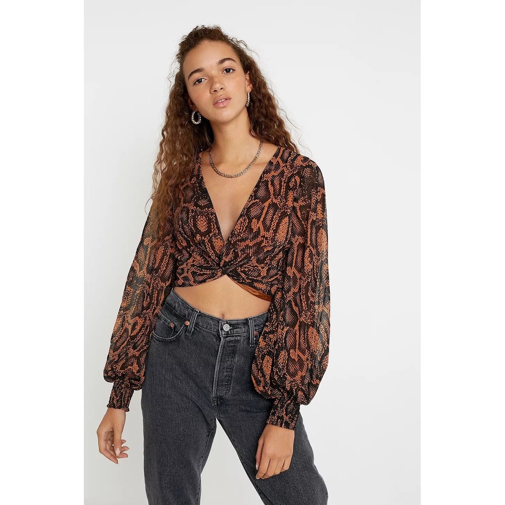 Finders Keepers Snake Twist Top Brown Black Snake Print Crop Blouse Small 4 Boho